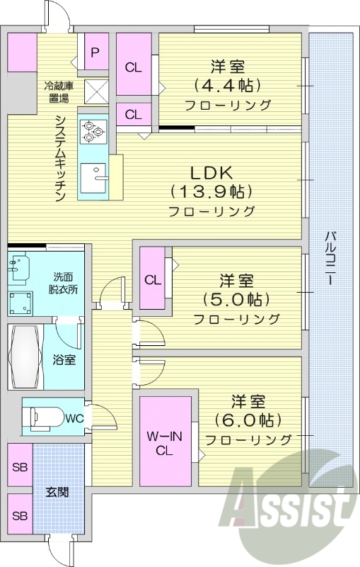3LDK、都市ガス、エレベーター、インターネット無料