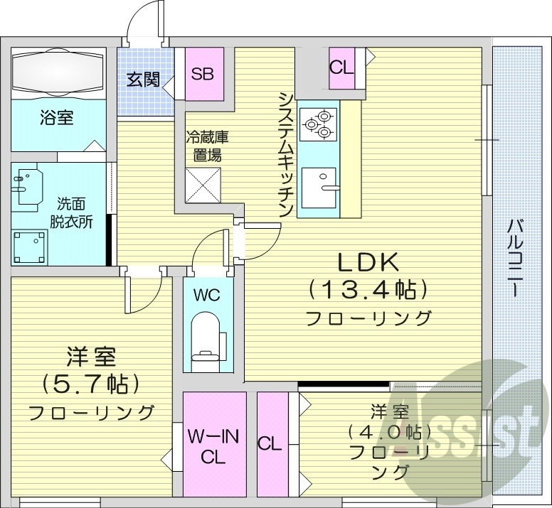 2LDK、都市ガス、エレベーター、インターネット無料