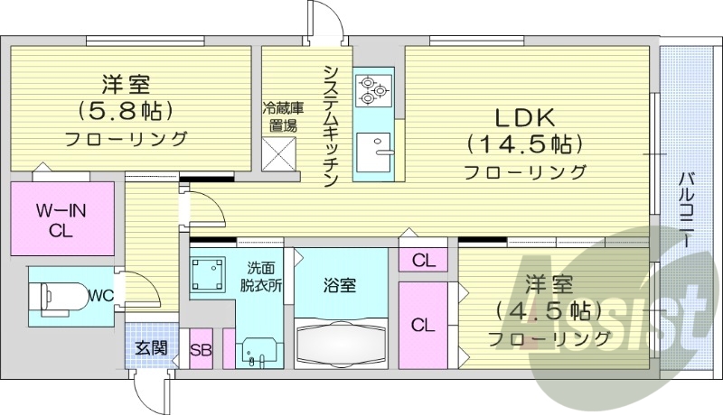 1LDKS、都市ガス、エレベーター、インターネット無料