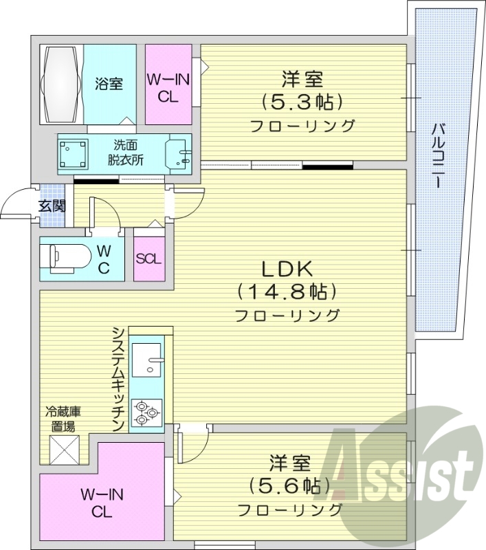 2LDK、都市ガス、エアコン、システムキッチン、独立洗面台