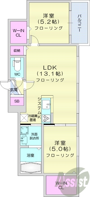 2LDK、都市ガス、エアコン、システムキッチン、独立洗面台