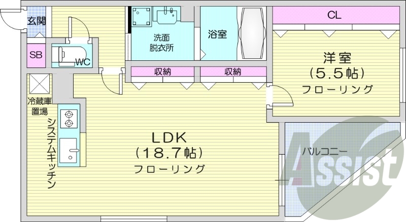 1LDK、都市ガス、エアコン、システムキッチン、独立洗面台