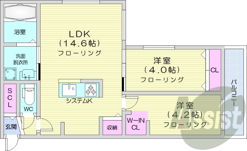 2LDK、エアコン、システムキッチン、ネット無料