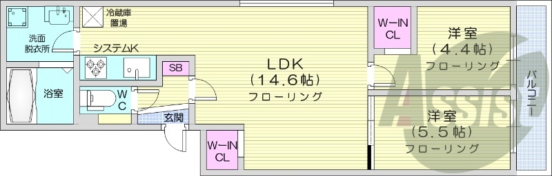 2LDK、エアコン、システムキッチン、ネット無料
