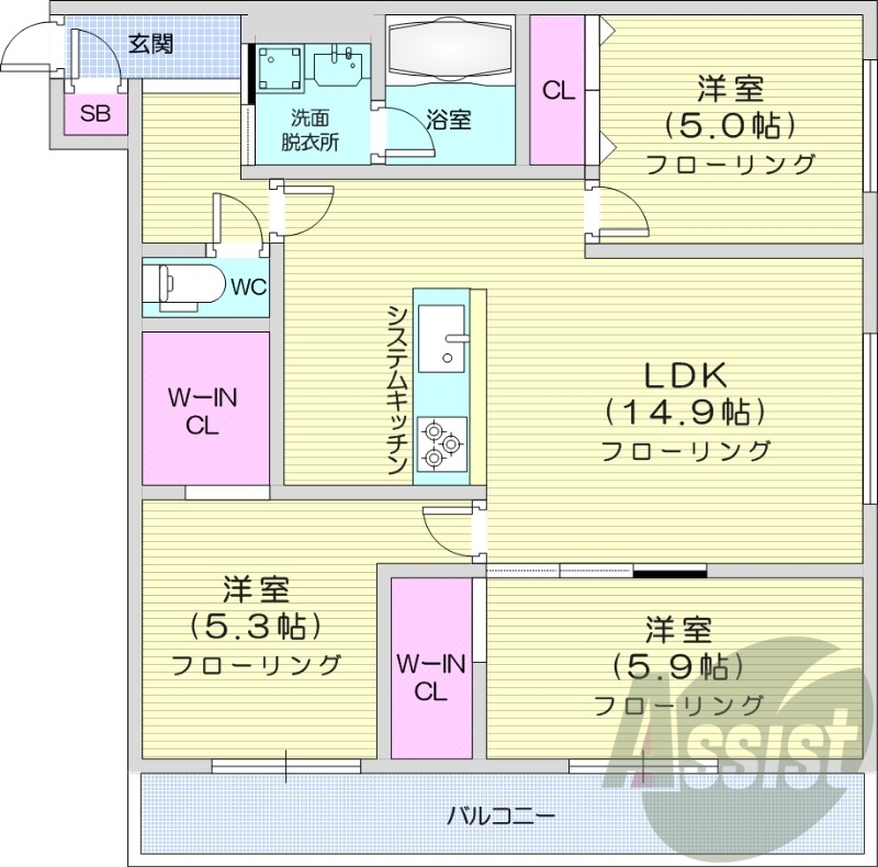 3LDK、エアコン、システムキッチン、ネット無料