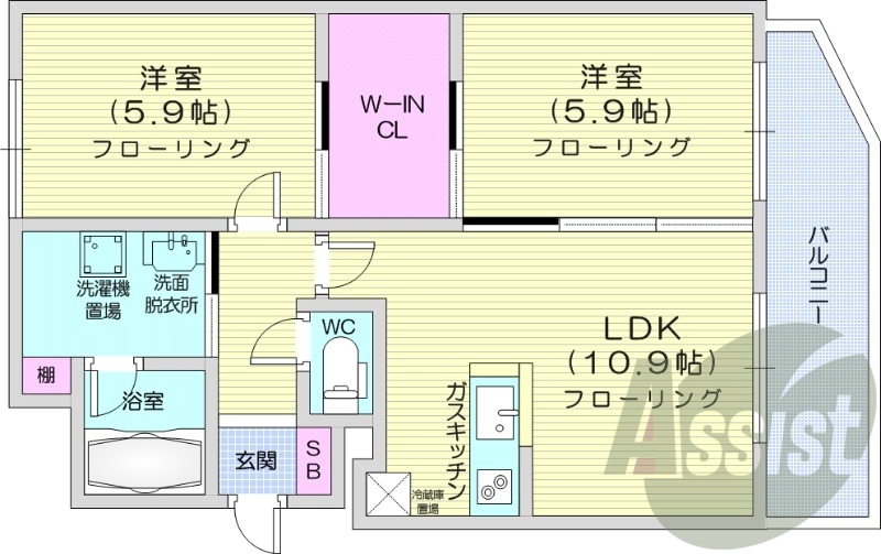 2LDK、収納、洗濯機置場、電気暖房、バストイレ別
