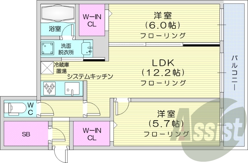 2LDK、エアコン、浴室乾燥機、システムキッチン、追い焚き