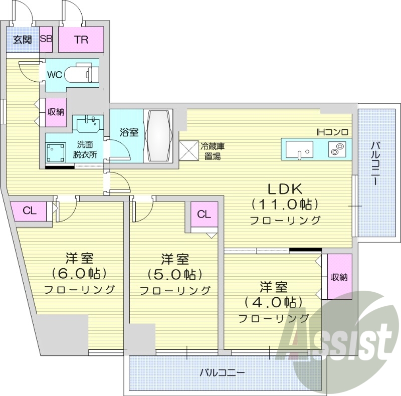 3LDK、都市ガス、エアコン、トランクルーム、独立洗面台