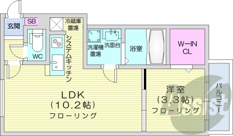 1LDK、都市ガス、エアコン、システムキッチン