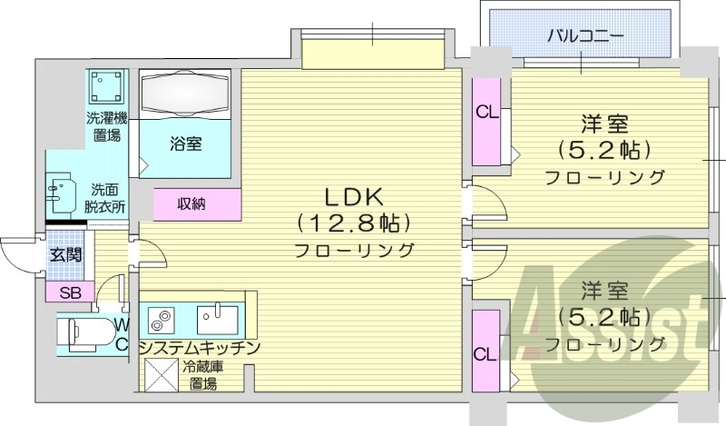 2LDK、オール電化、独立洗面台、ウォークインクローゼット