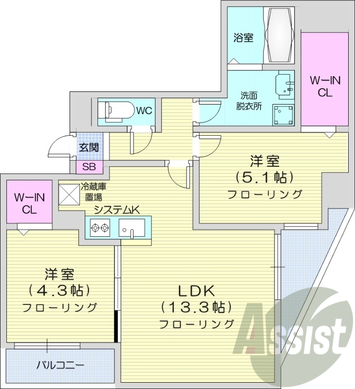 2LDK、エアコン、都市ガス、床暖房、ネット無料