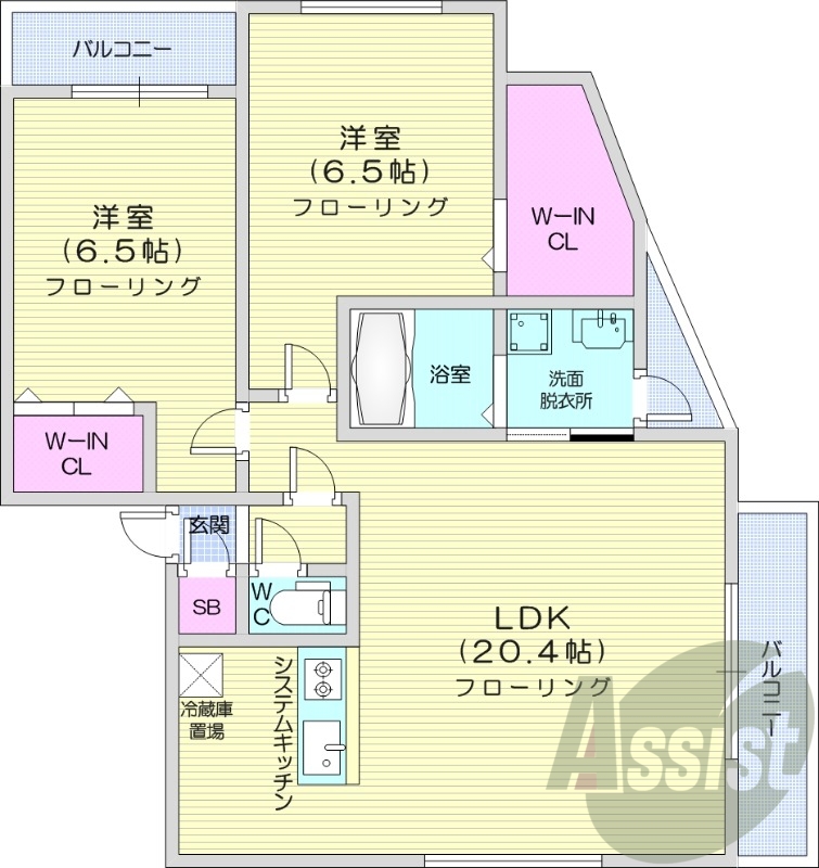 2LDK、エアコン、都市ガス、床暖房、ネット無料