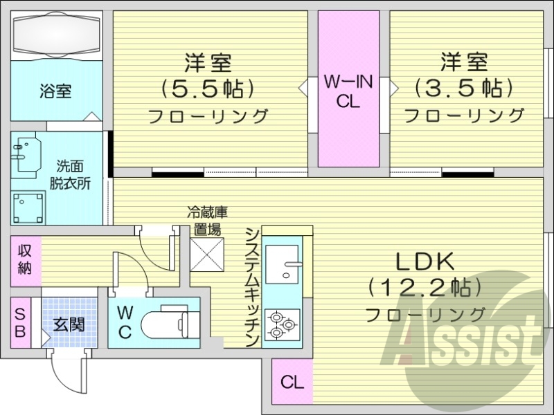2LDK、エアコン、システムキッチン、独立洗面台