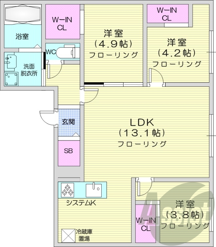 3LDK、都市ガス、エアコン、システムキッチン、浴室乾燥機