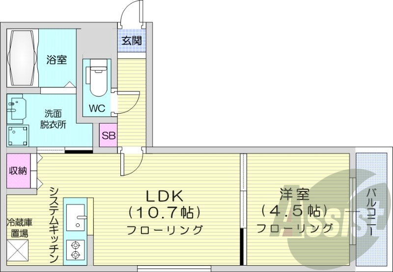 1LDK、エアコン、システムキッチン、ネット無料