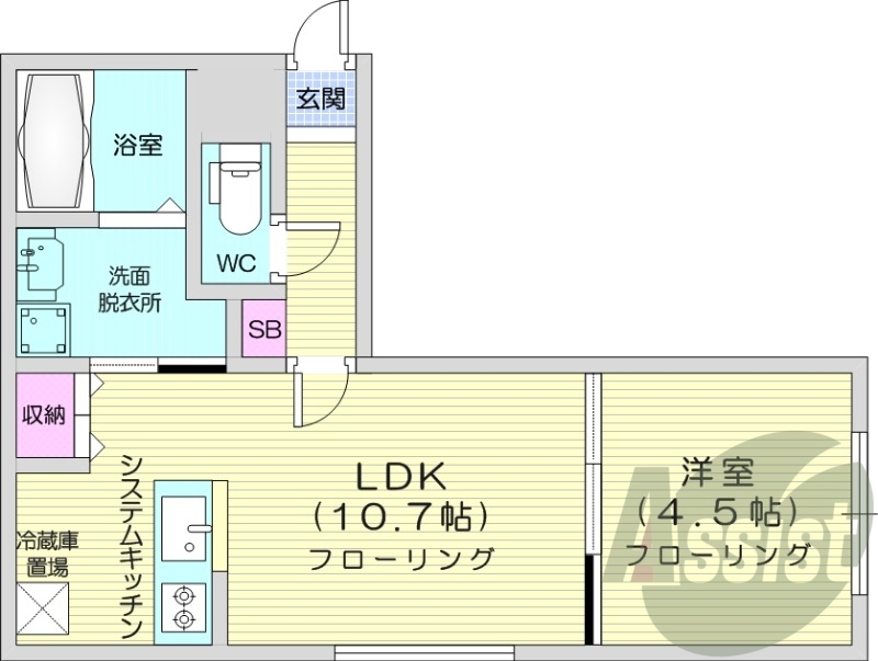 1LDK、エアコン、システムキッチン、ネット無料