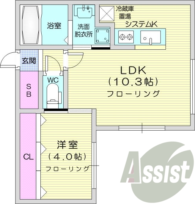 1LDK、都市ガス、エアコン、システムキッチン、浴室乾燥機