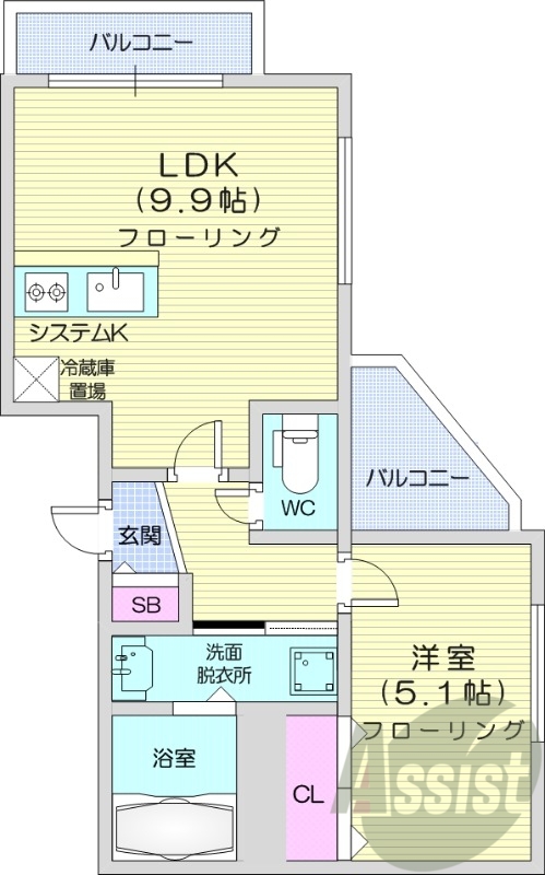 1LDK、都市ガス、角部屋、ネット無料、システムキッチン