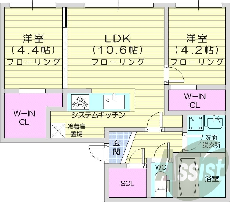 2LDK、都市ガス、エアコン、浴室乾燥機、ネット無料