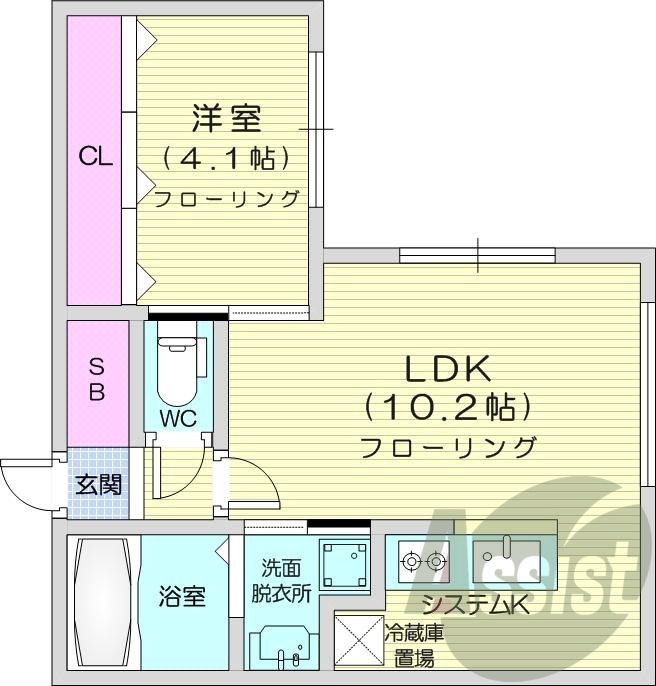 1LDK、都市ガス、エアコン、浴室乾燥機、ネット無料