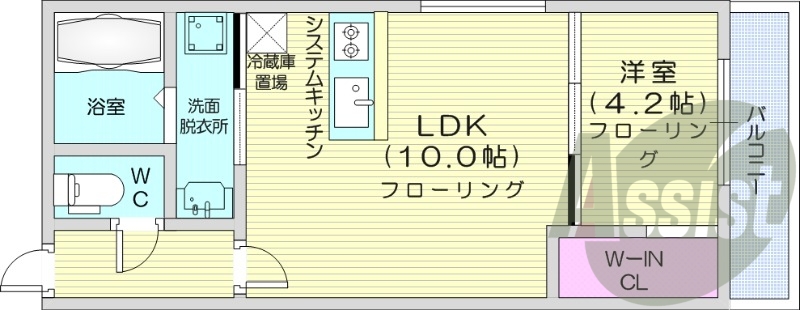 1LDK、都市ガス、角部屋、ネット無料、システムキッチン