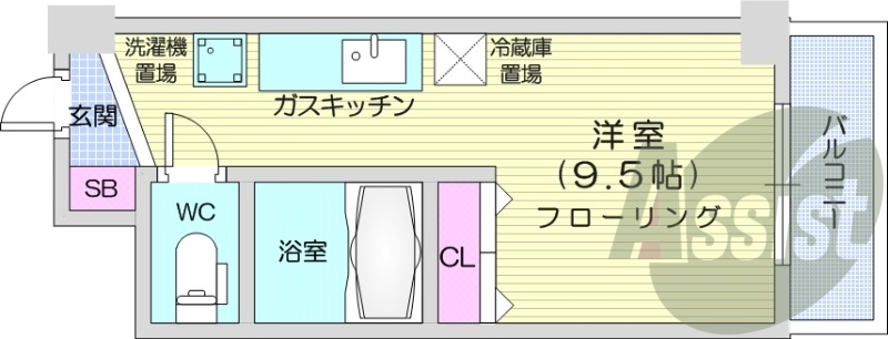 1R、都市ガス、シャワートイレ、システムキッチン
