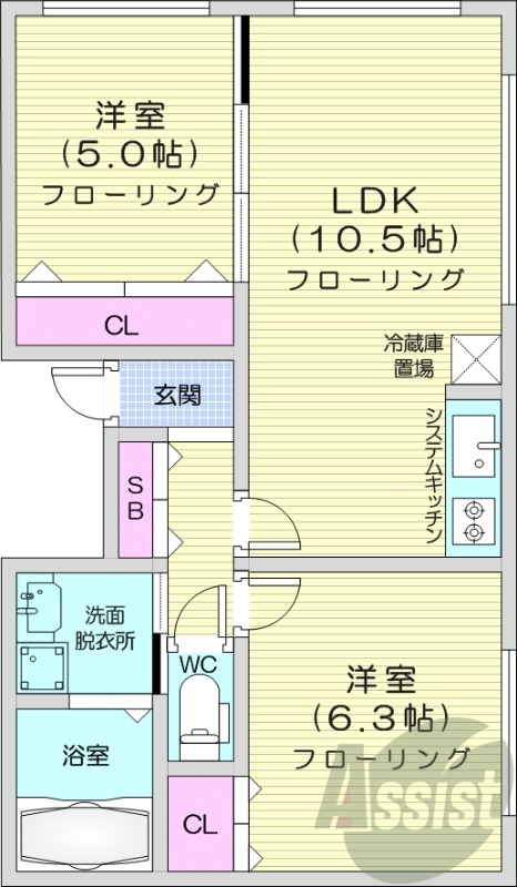2LDK、エアコン、灯油暖房、システムキッチン