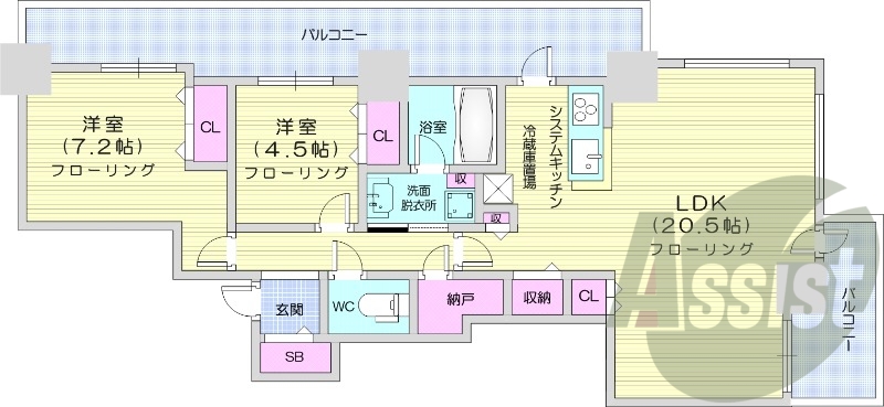 2LDK、システムキッチン、床暖房、シャワートイレ