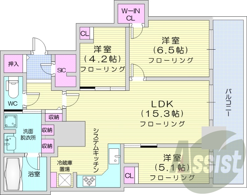 3LDK、エアコン、システムキッチン、独立洗面台、