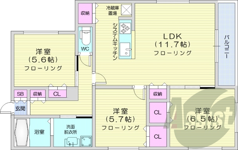 3LDK、都市ガス、エアコン、システムキッチン