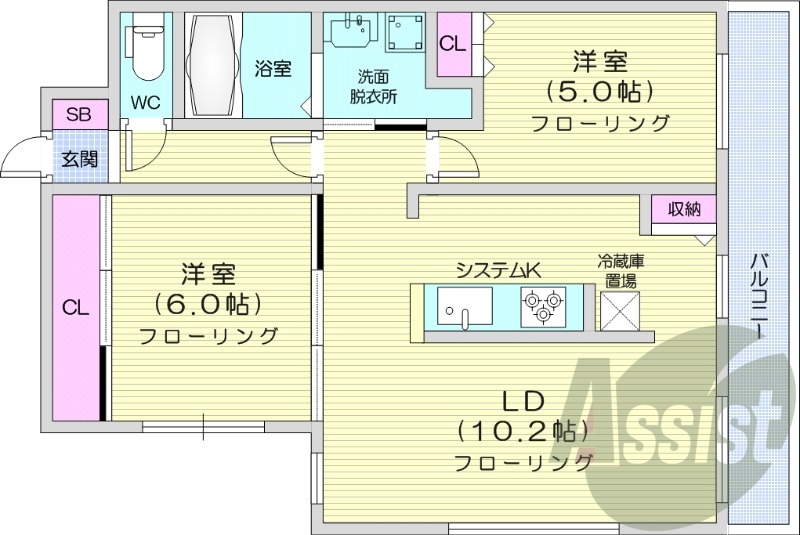 2LDK、都市ガス、エアコン、システムキッチン