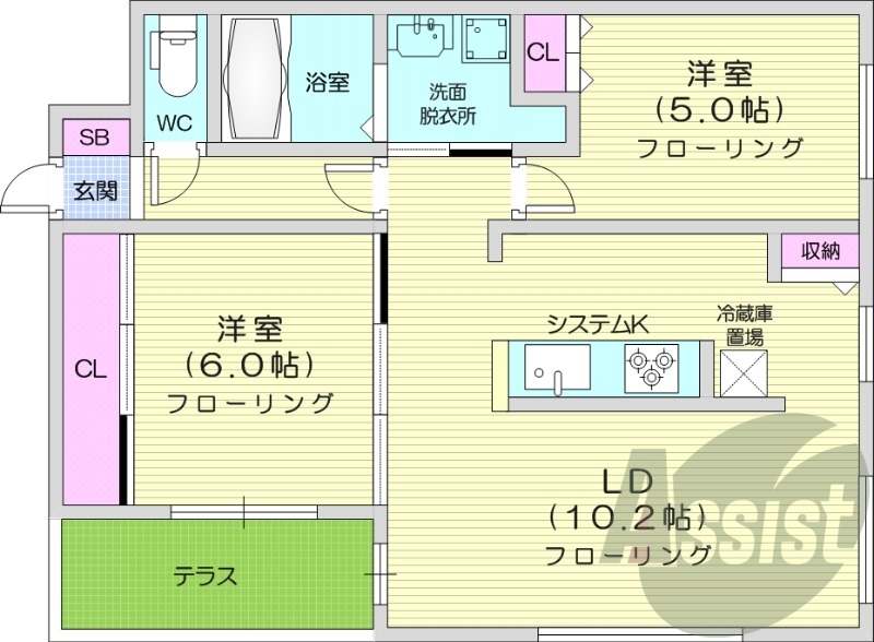 2LDK、都市ガス、エアコン、システムキッチン