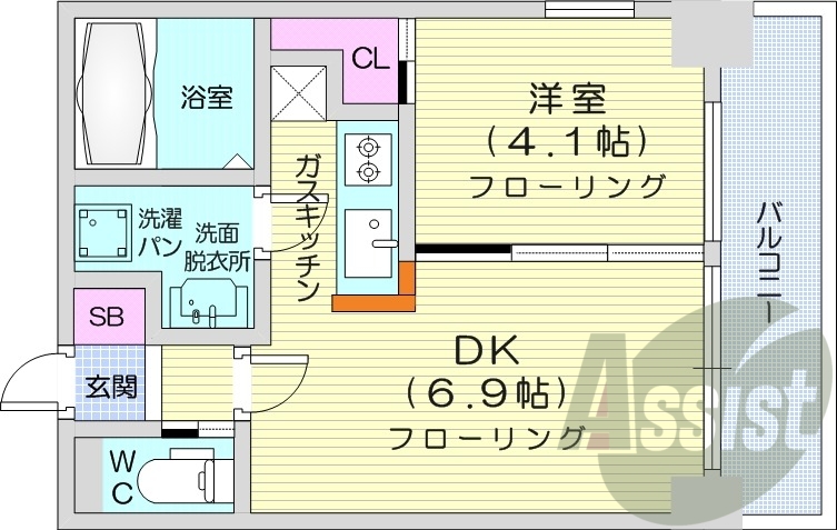 1DK、洗髪洗面化粧台、シャワートイレ、エアコン