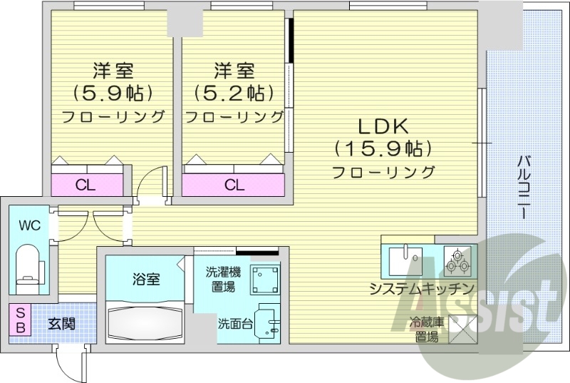 2LDK、都市ガス、ペット可、エアコン、追い焚き、