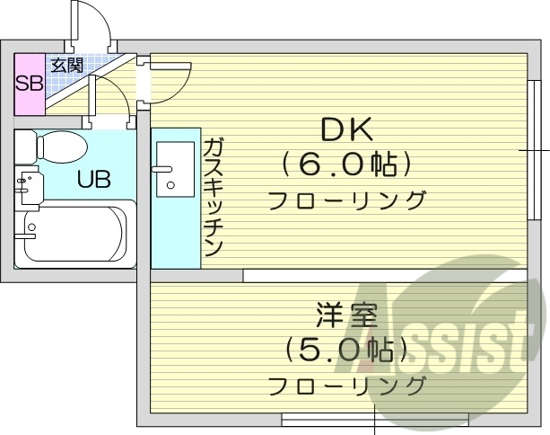1DK、灯油暖房、シューズボックス、角部屋