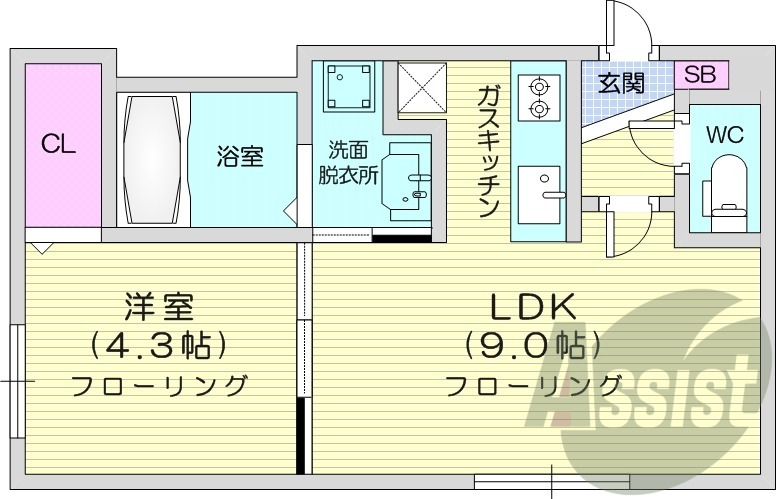 1LDK、角部屋、オートロック、エアコン、ネット使用料無料
