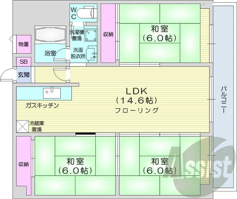 3LDK、都市ガス、独立洗面台、和室、収納