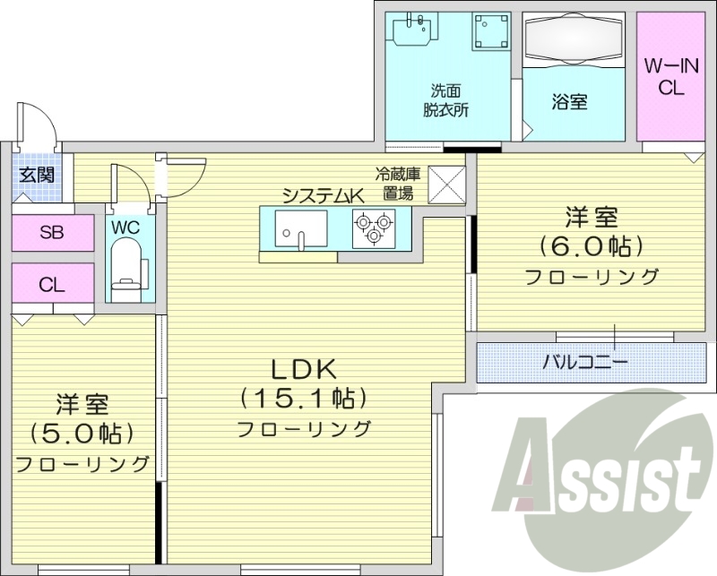 2LDK、都市ガス、エアコン、ガス暖房、オートロック