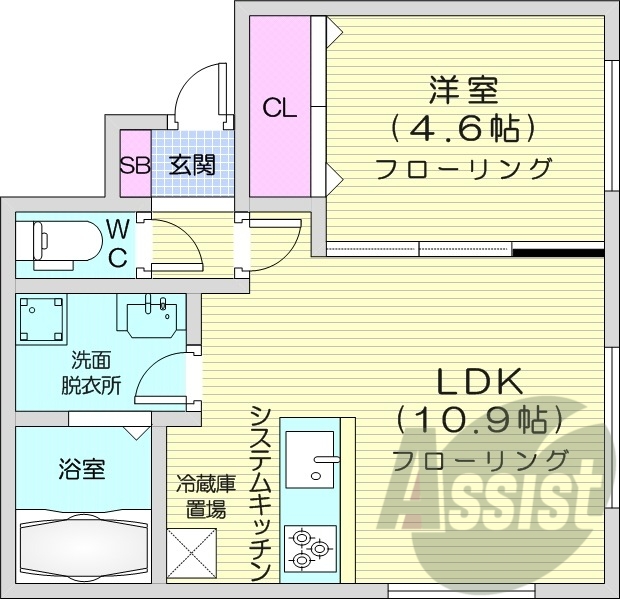 1LDK、エアコン、独立洗面台、システムキッチン、