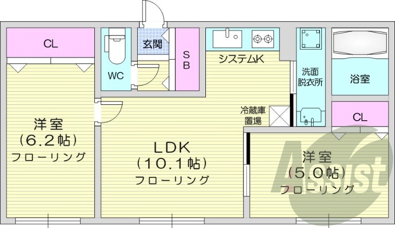 2LDK、エアコン、浴室乾燥機、灯油暖房