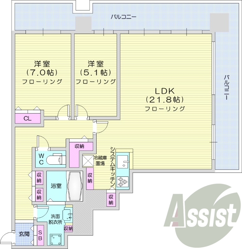 2LDK、都市ガス、オートロック、システムキッチン