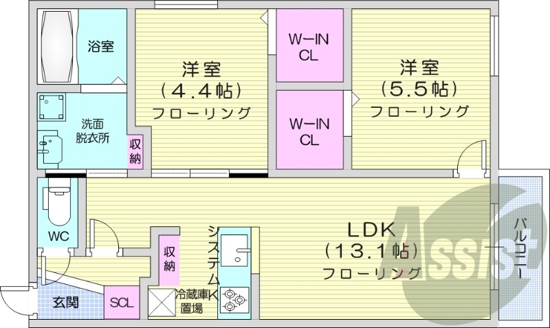 2LDK、エアコン、都市ガス、ネット無料