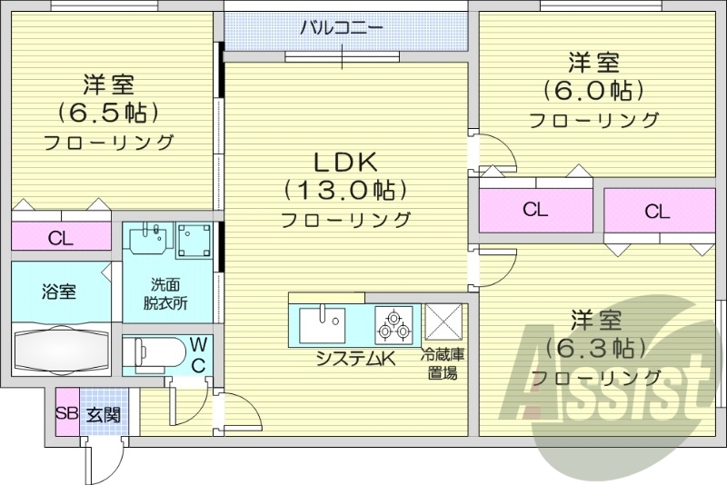 3LDK、エアコン、独立洗面台、ネット無料