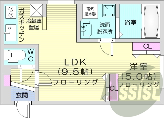 1LDK、都市ガス、ペット可、オートロック、エアコン