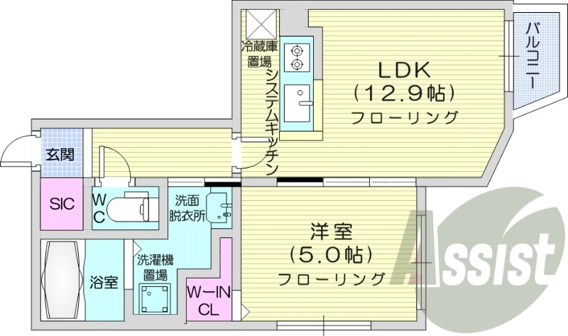 1LDK、システムキッチン、都市ガス、エアコン