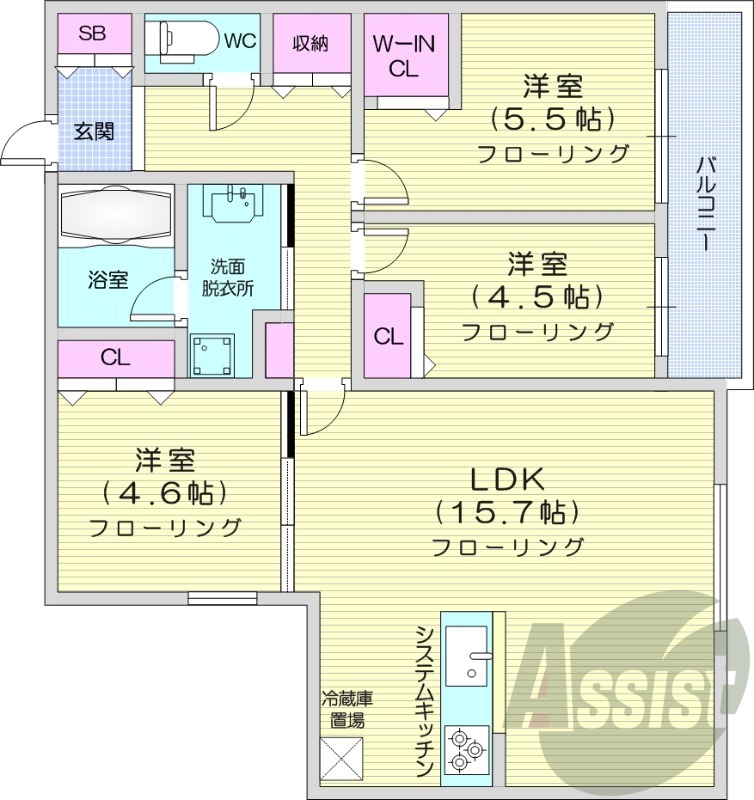 3LDK、エアコン、都市ガス、ペット飼育可能