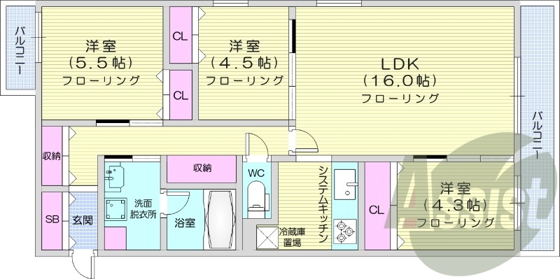 3LDK、エアコン、都市ガス、ペット飼育可能