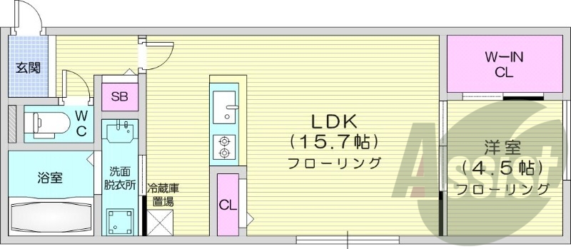 1LDK、エアコン、都市ガス、浴室乾燥機