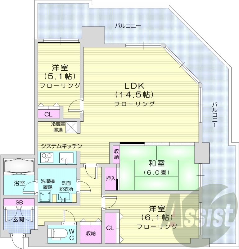 3LDK、都市ガス、システムキッチン、エアコン