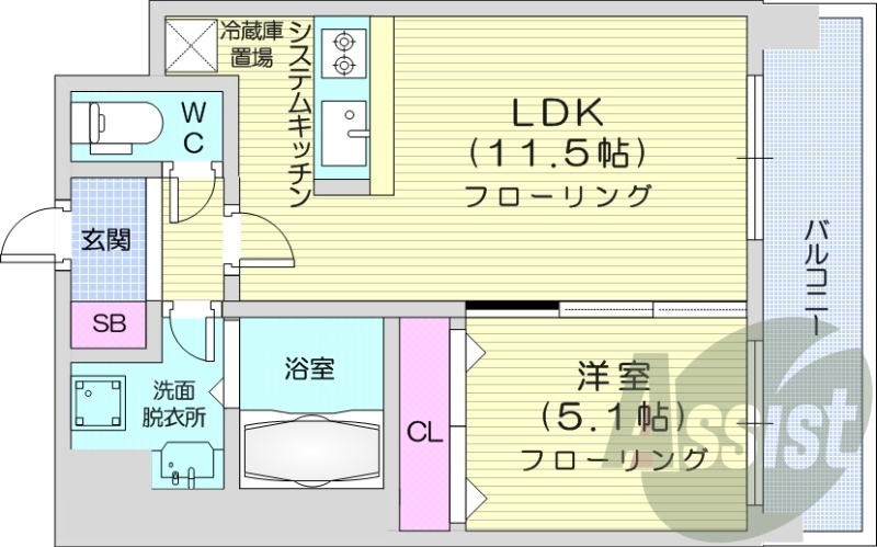 1LDK、天然ガス、システムキッチン、洗面台、浴室乾燥機